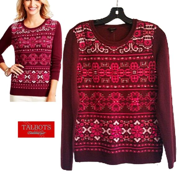 TALBOTS NEW Artsy Maximalism Lambswool Blend Medallion/Crystals Jewel Sweater M - Picture 1 of 12